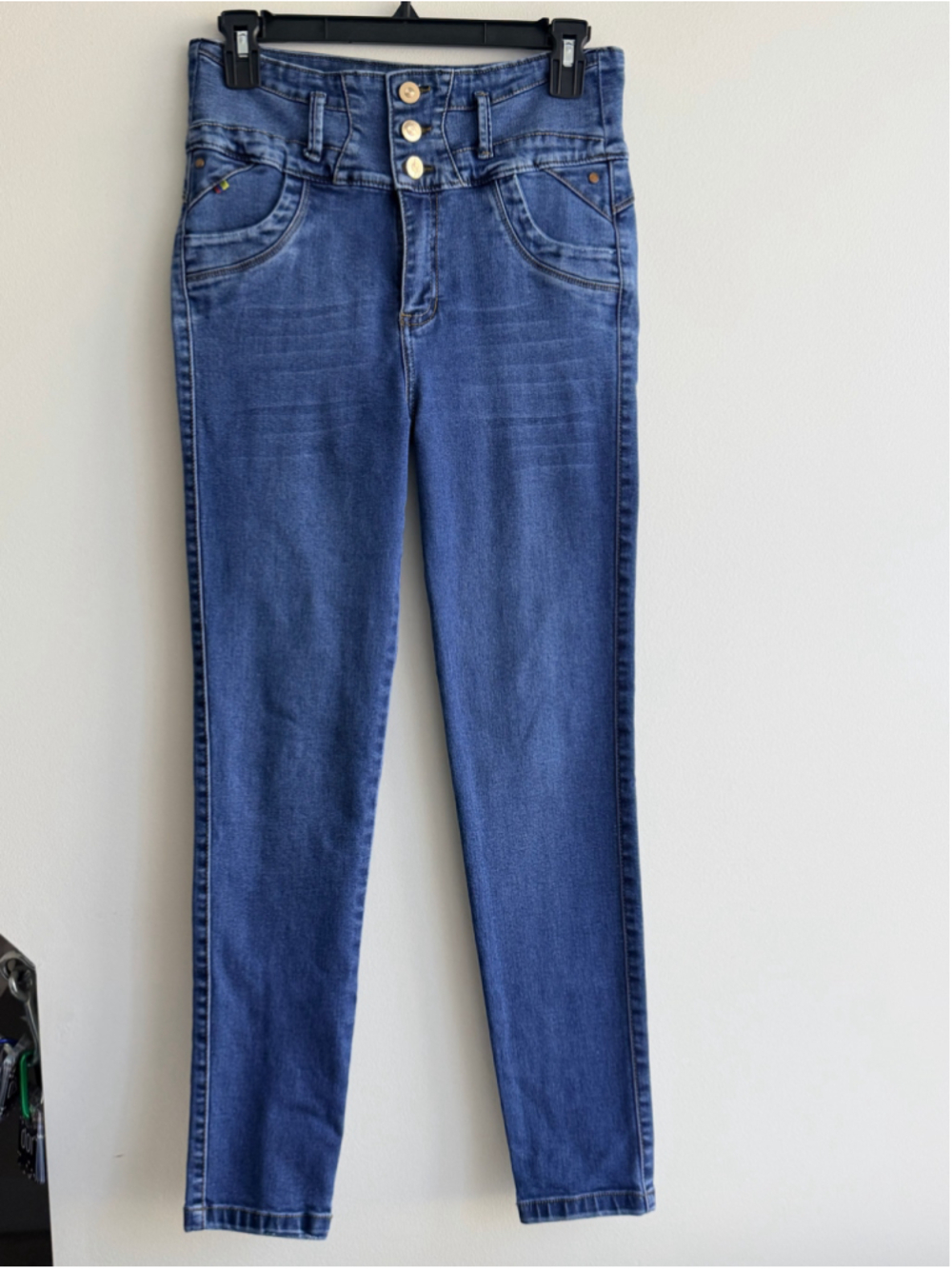 Waoöl Jeans Size 40 Colombian High Rise Triple Button Skinny Jeans Blue